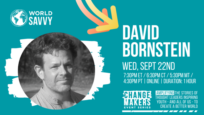 Graphic with a headshot of David Bornstein and the date and time of the event